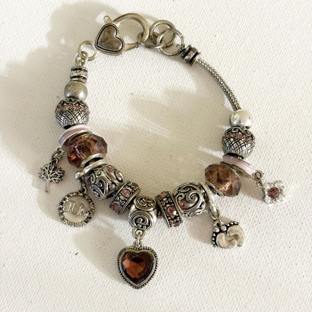 Silvertone Pink Purple Charm Bracelet Snake Chain Heart Shaped Lobster Clasp
